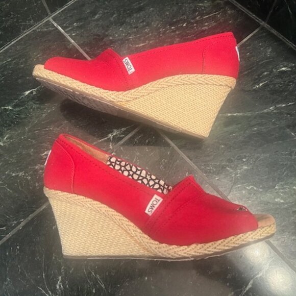 Toms Women's Wedges Red Calypso Canvas Espadrille Slip On Peep Toe-SIZE 9.5 - Picture 6 of 13